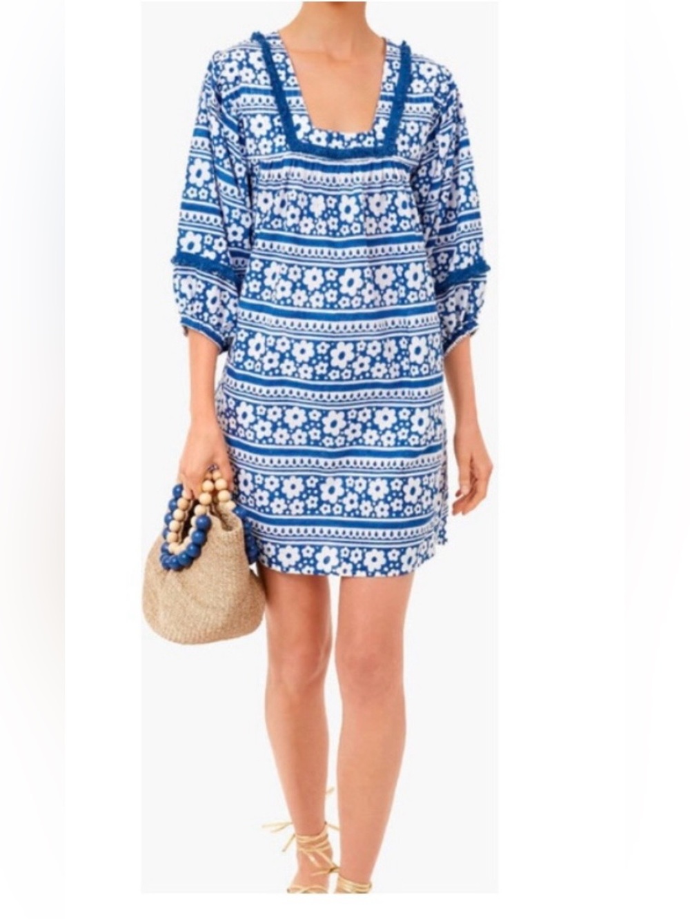 Tuckernuck Blue and White Floral-Print Mini Dress; Size Large. Pit to pit 18.5” - Picture 2 of 12